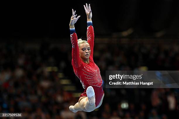 Ruby Evans of Team Great Britain competes in Floor Exercise during the Mixed Team Final on day three of the 2025 European Artistic Gymnastics...