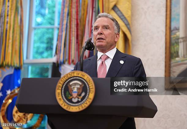 Special Envoy to the Middle East Steve Witkoff delivers remarks during the swearing in ceremony for interim U.S. Attorney for Washington, D.C....