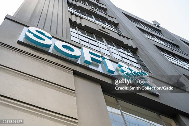 SoFi logo sign on the facade of an art deco style office building, San Francisco, California, May 27, 2025.