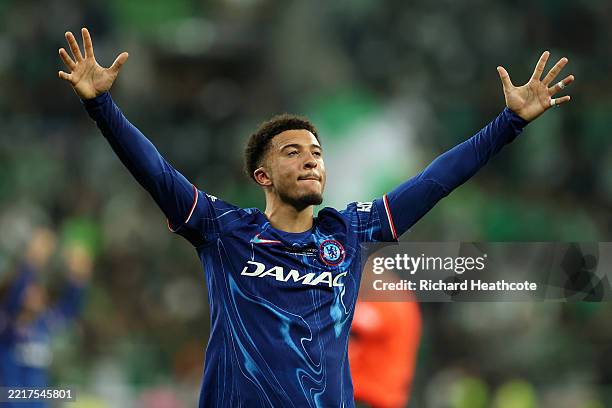 Jadon Sancho of Chelsea celebrates his team's victory at full time following the UEFA Conference League Final 2025 between Real Betis Balompie and...