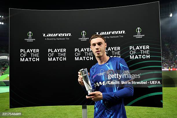 Cole Palmer of Chelsea poses for a photo, with his UEFA Conference League Player of the Match 2024/25 trophy, after the teams victory in the UEFA...