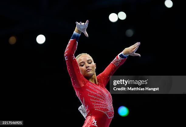 Ruby Evans of Team Great Britain competes in Floor Exercise during the Mixed Team Final on day three of the 2025 European Artistic Gymnastics...
