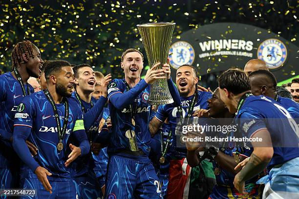 Cole Palmer of Chelsea lifts the UEFA Conference League trophy after his team's victory in the UEFA Conference League Final 2025 between Real Betis...