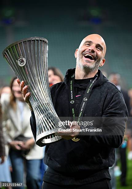 Enzo Maresca, Manager of Chelsea, celebrates with the UEFA Conference League trophy after his team's victory in the UEFA Conference League Final 2025...