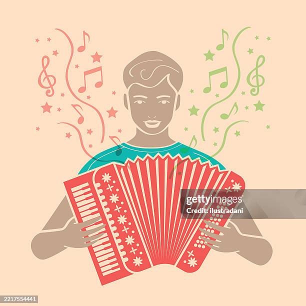 boy playing accordion in risograph style - playing accordion stock illustrations
