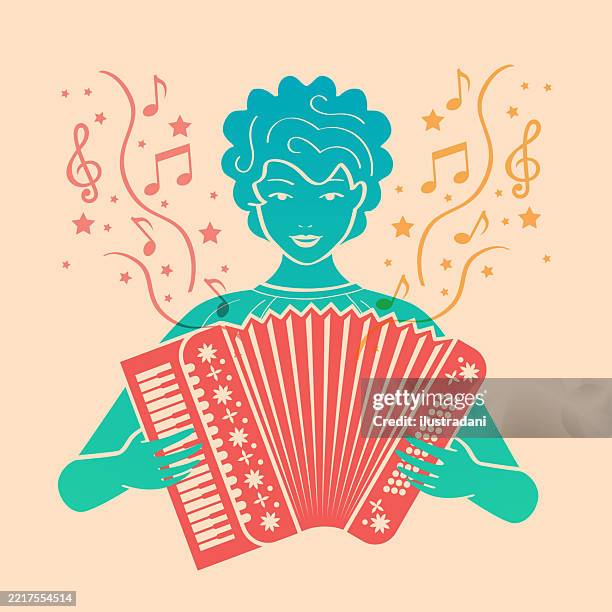 ilustraciones, imágenes clip art, dibujos animados e iconos de stock de chica tocando el acordeón rojo en estilo risograph - folk