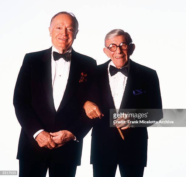 Entertainers Bob Hope and George Burns pose at Madison Square Garden October 1, 1989 in New York City. Hope, who appeared in over 60 films and many...