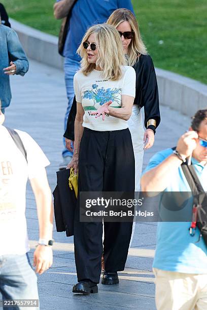 American Actress Meg Ryan is seen coming out of the Prado Museum on May 28, 2025 in Madrid, Spain.
