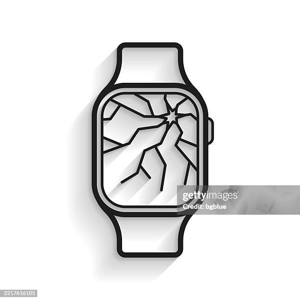 smartwatch with broken screen. line icon with long shadow on white background - broken clock stock illustrations