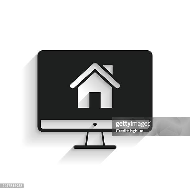 desktop computer with smart home. icon with long shadow on white background - using desktop computer at home stock illustrations