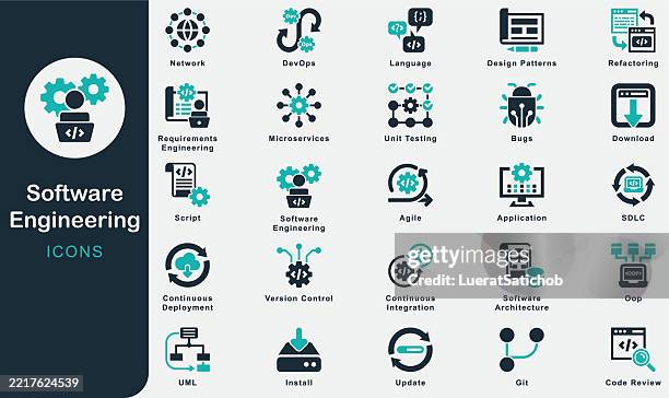software engineering solid icons collection.containing programmer, coding, writing code, computer programming, software development, web development, app development, software architecture, devops - debugging stock illustrations