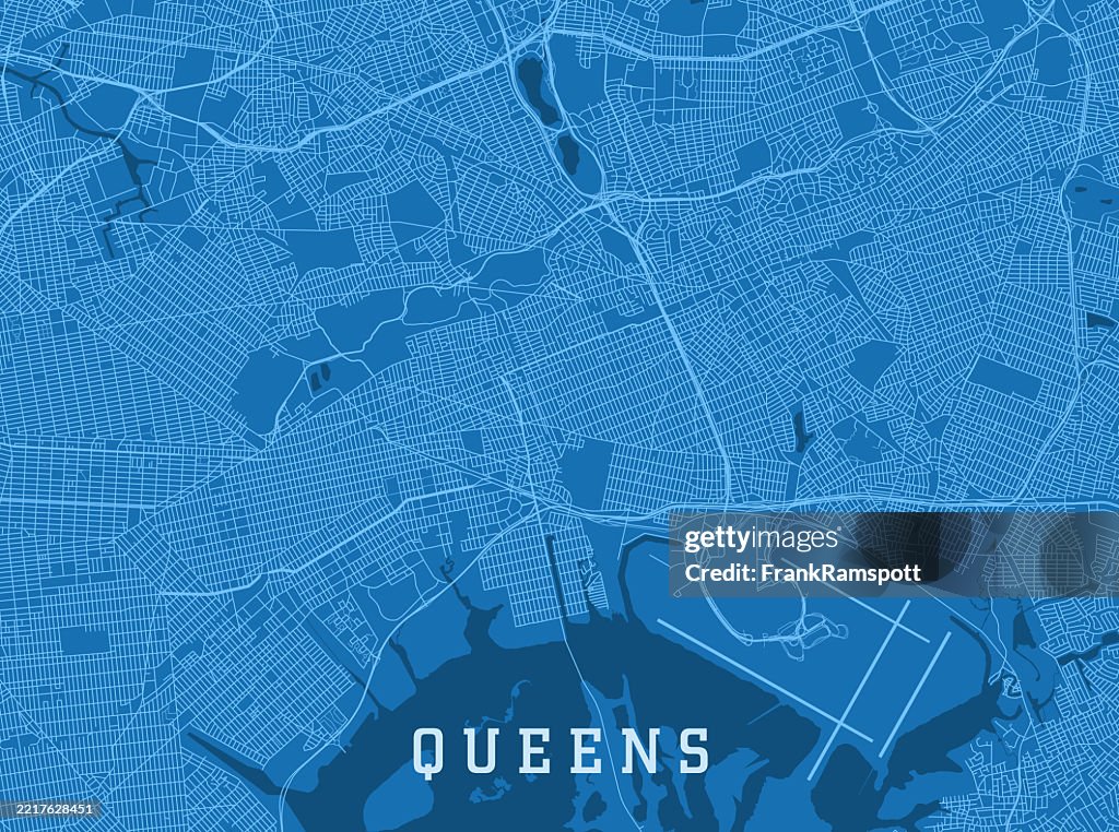Queens NY City Vector Road Map Blue Horizontal