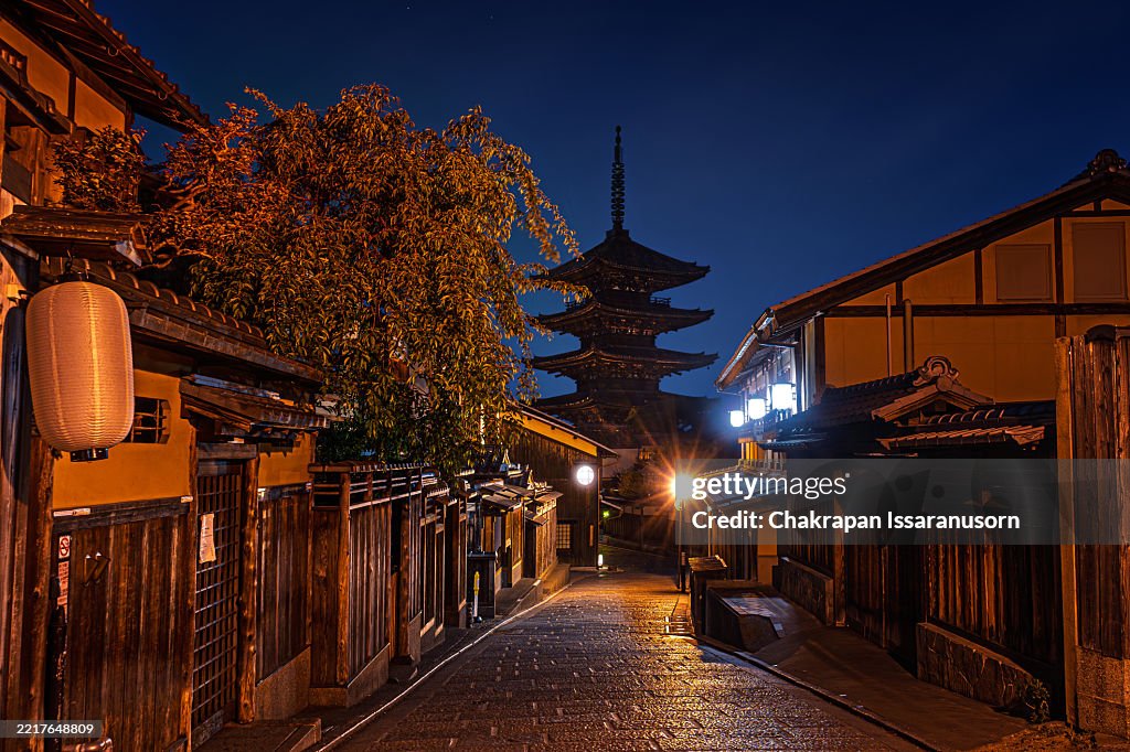 Yasaka Pagoda and Sannen Zaka Street at night, Kyoto, Japan.