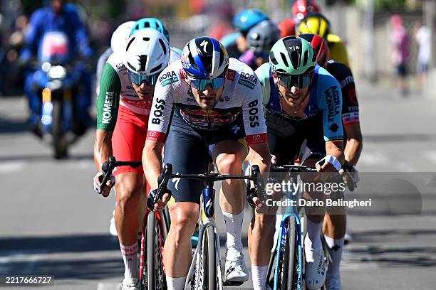 Mirco Maestri of Italy and Team Polti VisitMalta, Nico Denz of Germany and Team Red Bull - BORA - hansgrohe and Dries De Bondt of Belgium and Team...