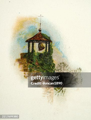 Village Church Bell Ringing In Ivy Covered Tower Victorian 19th