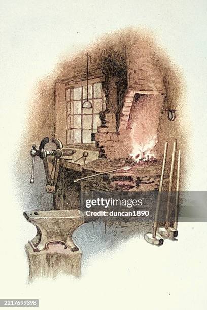 traditional blacksmiths forge, anvil, vice, hammers, fire, victorian vintage illustration 19th century - blacksmith stock illustrations