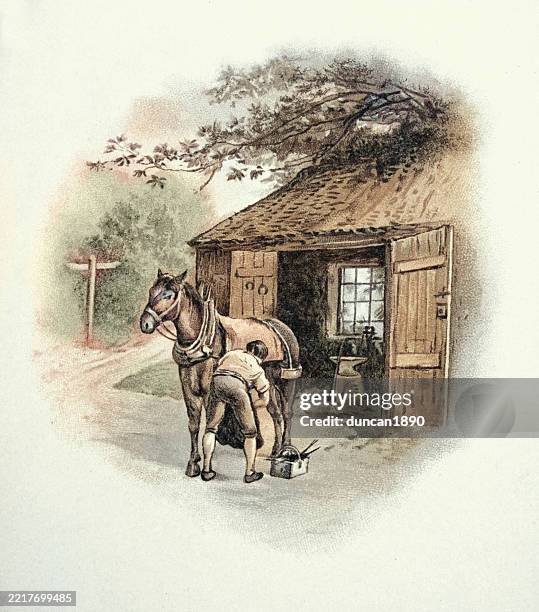 illustrations, cliparts, dessins animés et icônes de maréchal-ferrant ou forgeron ferrant un cheval de trait à l’extérieur de sa forge, illustration victorienne vintage 19ème siècle - maréchal ferrant