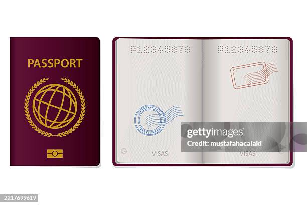 illustrazioni stock, clip art, cartoni animati e icone di tendenza di illustrazione del passaporto con pagine bianche - timbro-del-passaporto
