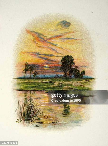 beautiful sunset over english countryside, tranquil scene, victorian 19th century, vintage illustration - golden hour stock illustrations