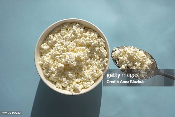 bowl of cottage cheese in bright sunlight on blue background - cottage cheese stock pictures, royalty-free photos & images