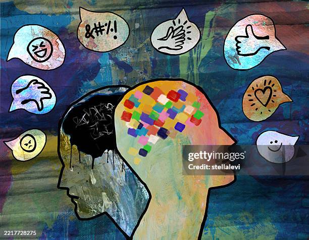 ilustrações de stock, clip art, desenhos animados e ícones de negative and positive emotions over social media response to a post. - doença mental