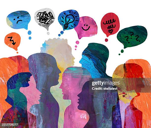 illustrazioni stock, clip art, cartoni animati e icone di tendenza di gruppo di persone diverse con pensieri. - multiculturalismo