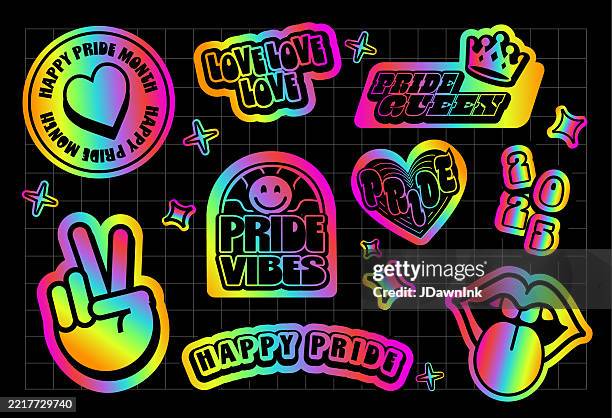 ilustrações de stock, clip art, desenhos animados e ícones de set of happy pride month retro 2000s style y2k style holographic rainbow sticker label design templates with grid background - autocolante