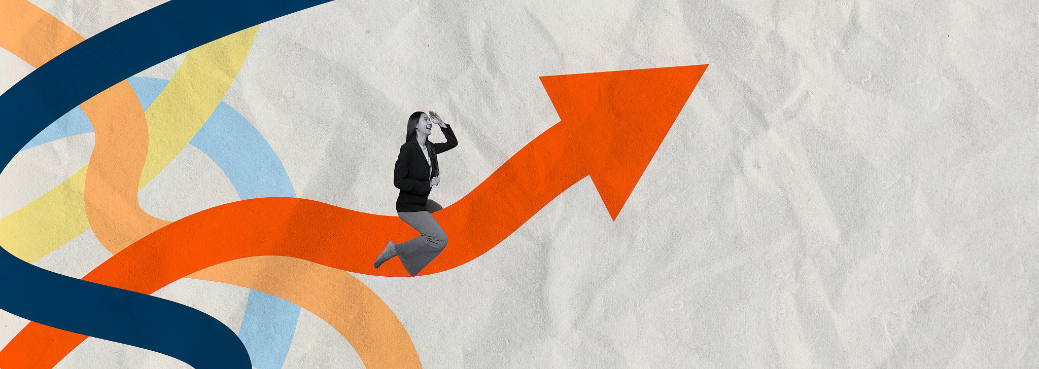 Business Growth and Motivation. A dynamic collage illustrating a woman navigating a path of success, represented by an upward arrow. Business Growth and Motivation. A dynamic collage illustrating a woman navigating a path of success, represented by an upward arrow.