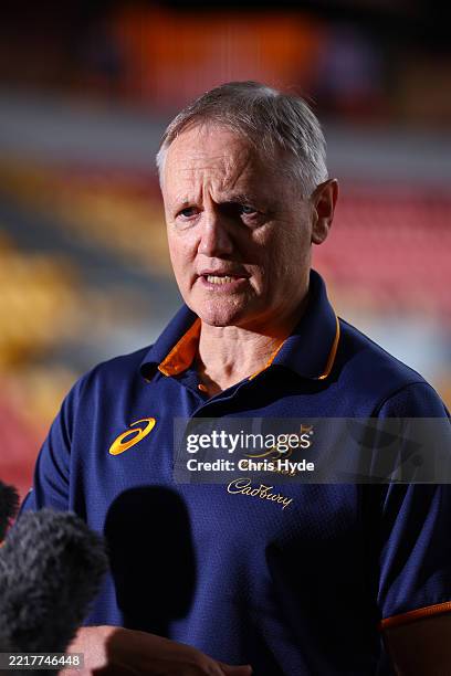 Wallabies Head Coach Joe Schmidt speaks to the media during a Rugby Australia media opportunity at Suncorp Stadium on May 30, 2025 in Brisbane,...