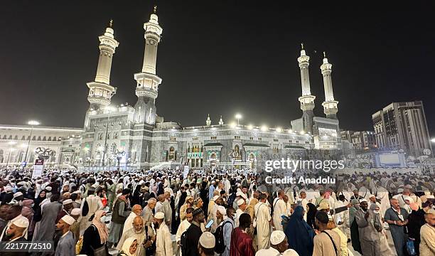 Muslims, coming to Mecca from all over the world to fulfill the Hajj pilgrimage, spend time and pray in the Haram al-Sharif in Mecca, Saudi Arabia on...