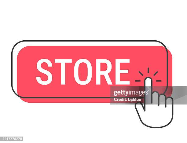 store - click button with hand cursor on white background - hand touching window stock illustrations