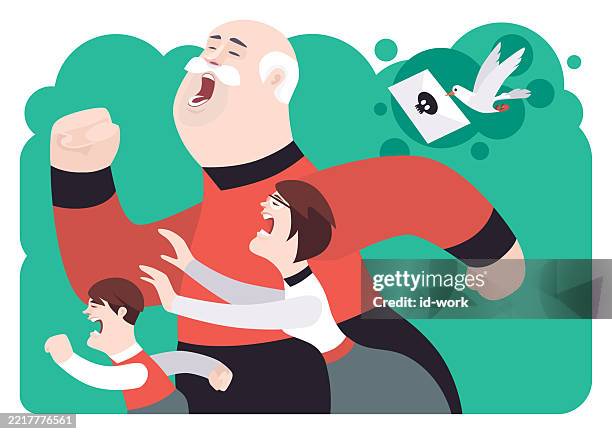 stockillustraties, clipart, cartoons en iconen met senior man with daughter and grandson running away from pigeon which carrying envelop with skull icon - familie met meerdere generaties