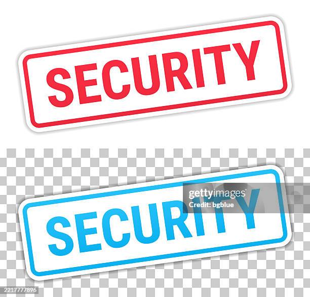 security - red and blue labels on blank background - security guard white background stock illustrations