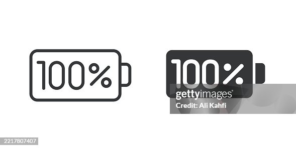 Battery 100% thin line and glyph solid icon. Editable stroke and perfect pixel isolated on transparent background Battery 100% thin line and glyph solid icon. Editable stroke and perfect pixel isolated on transparent background