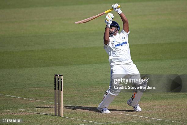 Sarfaraz Khan of India A plays a shot over his head for a boundary during the four day match between England Lions and India A at The Spitfire Ground...