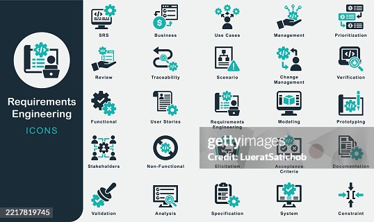 Requirements Engineering solid icons collection.Containing software requirements, requirement engineering, stakeholder, software development, software documentation, use case diagram, user story, SRS Requirements Engineering solid icons collection.Containing software requirements, requirement engineering, stakeholder, software development, software documentation, use case diagram, user story, SRS