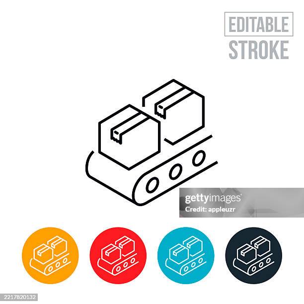 ilustraciones, imágenes clip art, dibujos animados e iconos de stock de cajas en una cinta transportadora icono de línea fina - trazo editable - cinta transportadora