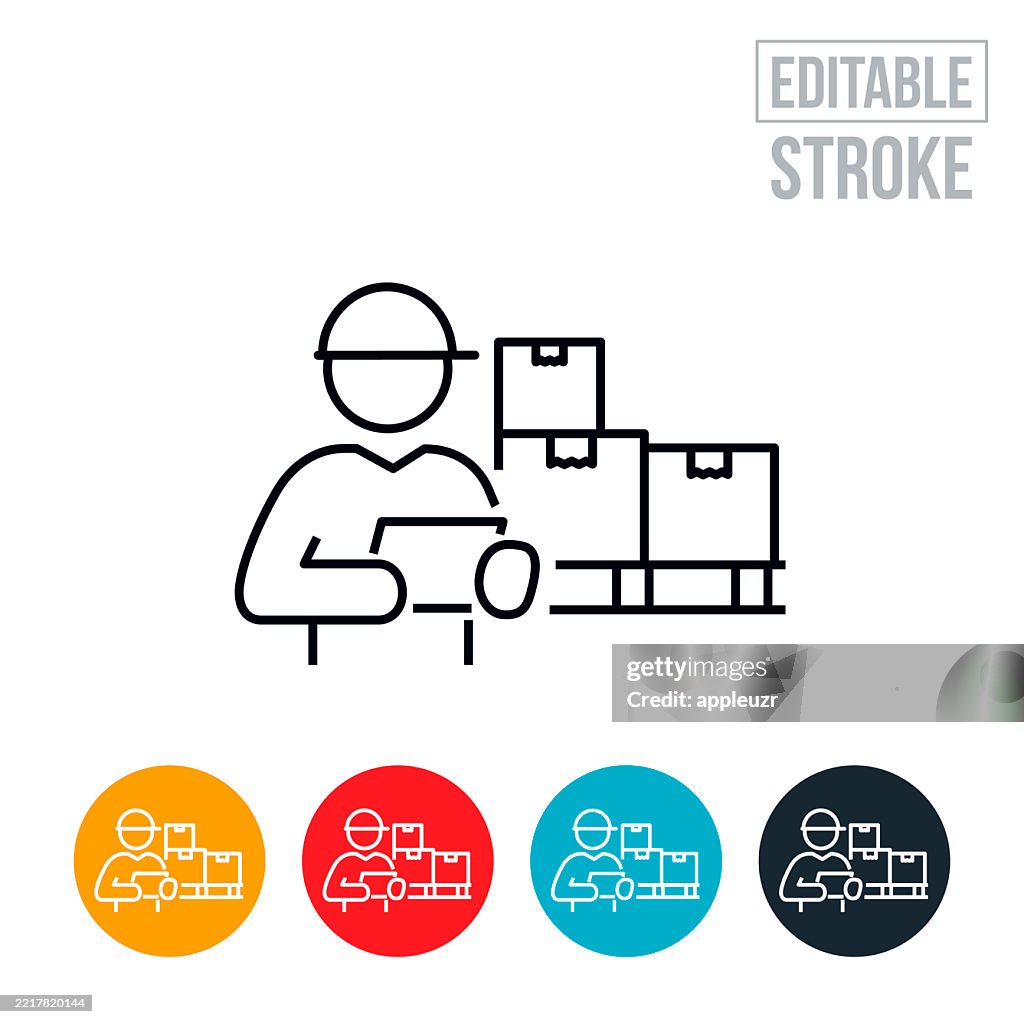Warehouse Worker Supervisor Reviewing Boxed Goods Thin Line Icon - Editable Stroke