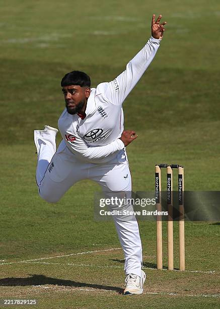 Rehan Ahmed of England Lions bowls during the four day match between England Lions and India A at The Spitfire Ground on May 30, 2025 in Canterbury,...