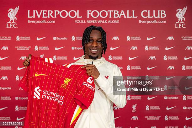 Jeremie Frimpong new signing of Liverpool at AXA Training Centre on May 30, 2025 in Kirkby, England.