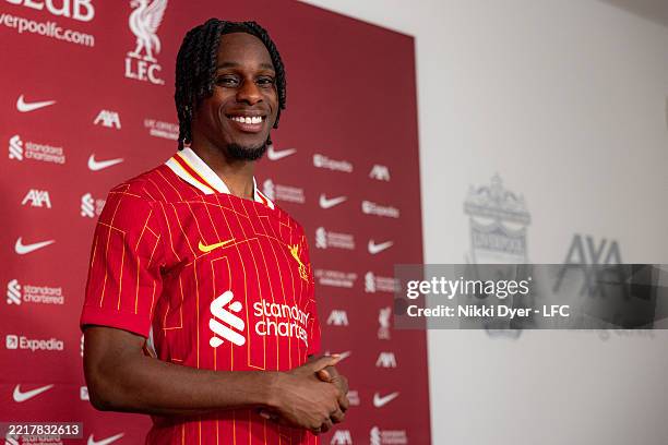 Jeremie Frimpong new signing of Liverpool at AXA Training Centre on May 30, 2025 in Kirkby, England.