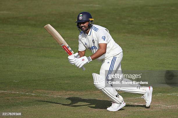 Karun Nair of India A plays a shot during the four day match between England Lions and India A at The Spitfire Ground on May 30, 2025 in Canterbury,...