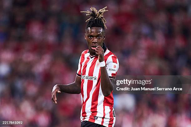 Nico Williams of Athletic Club reacts during the LaLiga match between Athletic Club and FC Barcelona at Estadio de San Mames on May 25, 2025 in...