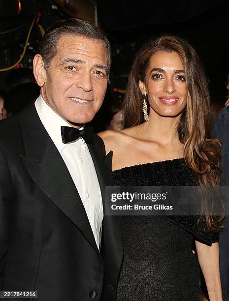 George Clooney and Amal Clooney pose backstage at the hit play "Good Night, and Good Luck" on Broadway at The Winter Garden Theatre on May 29, 2025...