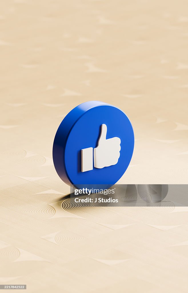 3D Social Media Thumbs Up Icon Standing Upright on Patterned Background Symbolizing Digital Approval and Online Engagement