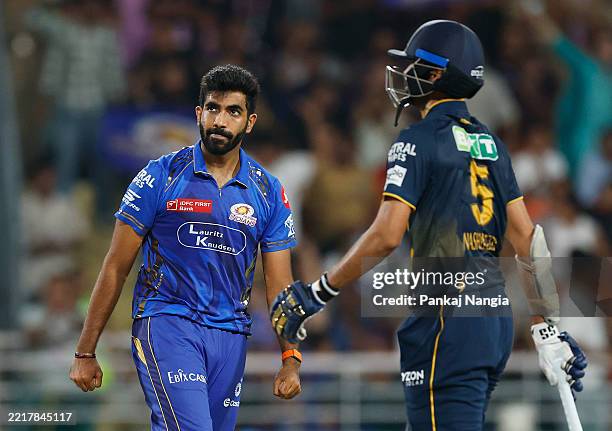 Jasprit Bumrah of Mumbai Indians celebrates after bowling Washington Sundar of Gujrat Titans during the 2025 Eliminator IPL Finals match between...
