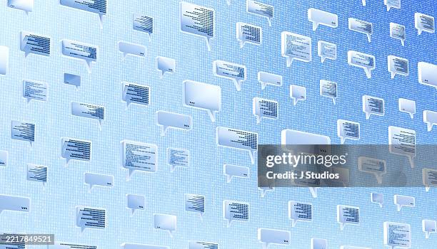 matrix of voices: translucent speech bubbles embedded with binary code over infinite digital data stream - chatbot stock-fotos und bilder