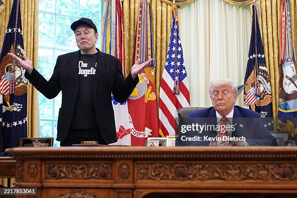 Tesla CEO Elon Musk speaks alongside U.S. President Donald Trump to reporters in the Oval Office of the White House on May 30, 2025 in Washington,...