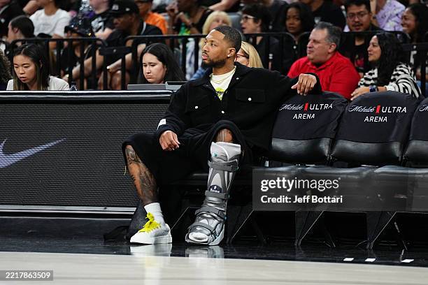 Damian Lillard of the Milwaukee Bucks attends the game between the Los Angeles Sparks and the Las Vegas Aces on May 30, 2025 at Michelob ULTRA Arena...
