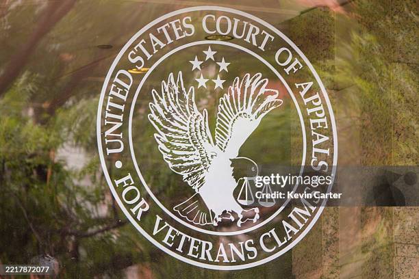 Logo is displayed on a window to the entrance of the U.S. Court of Appeals for Veterans Claims on June, 2025 in Washington, DC.